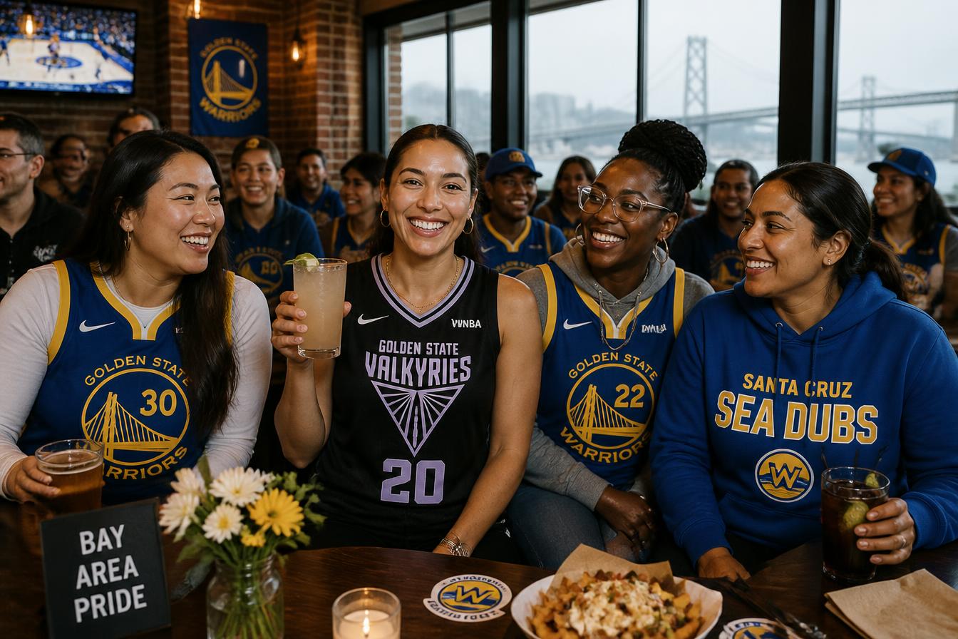 A diverse group of women fans wearing Warriors, Valkyries, and Santa Cruz Sea Dubs merch while cheering at a public watch party in the Bay Area. The Valkyries jersey in the foreground is fully visible.
